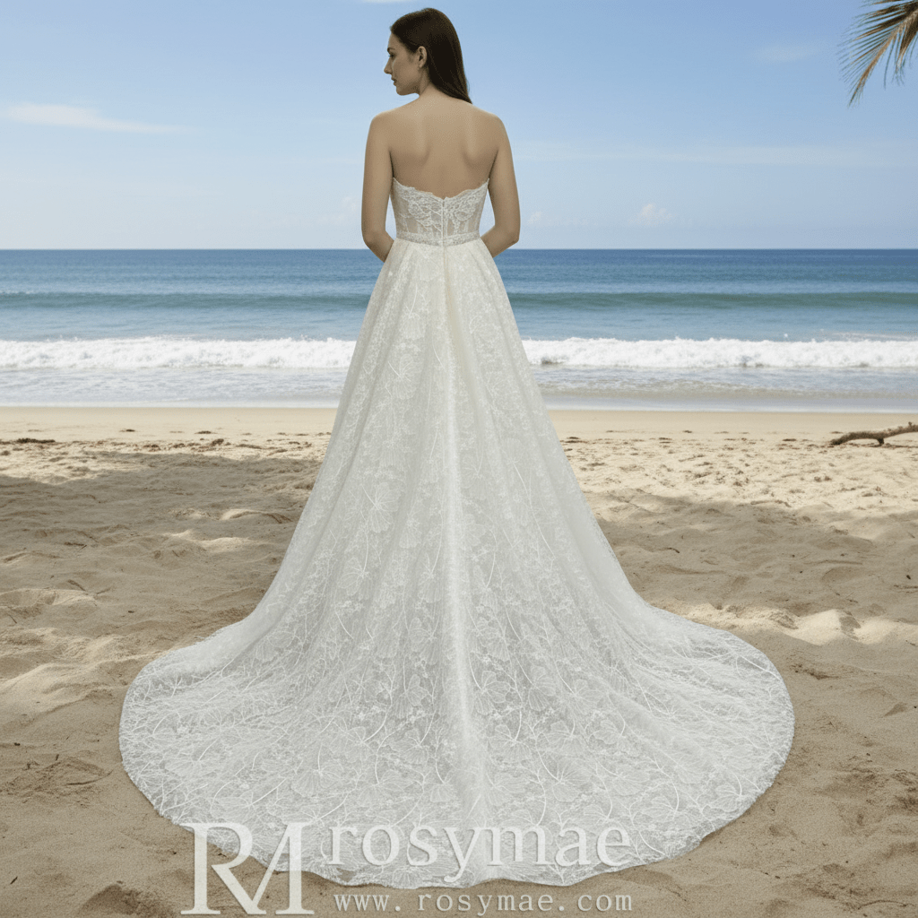 Strapless Tulle Lace Overlay A-line Wedding Dress with Sheer Bodice - Rosymae