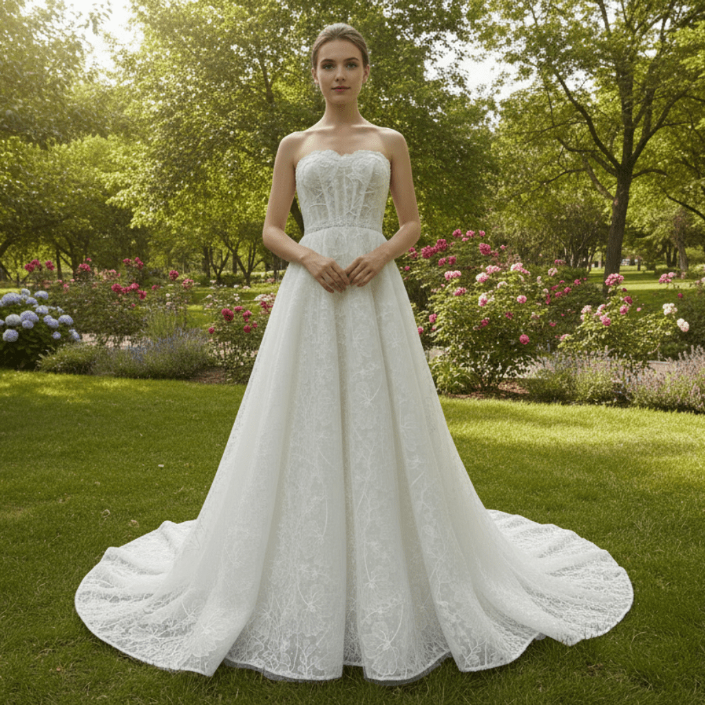 Strapless Tulle Lace Overlay A-line Wedding Dress with Sheer Bodice - Rosymae