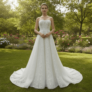 Strapless Tulle Lace Overlay A-line Wedding Dress with Sheer Bodice - Rosymae