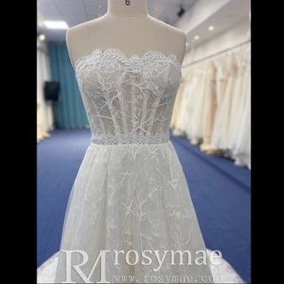 Strapless Tulle Lace Overlay A-line Wedding Dress with Sheer Bodice - Rosymae