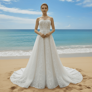 Strapless Tulle Lace Overlay A-line Wedding Dress with Sheer Bodice - Rosymae