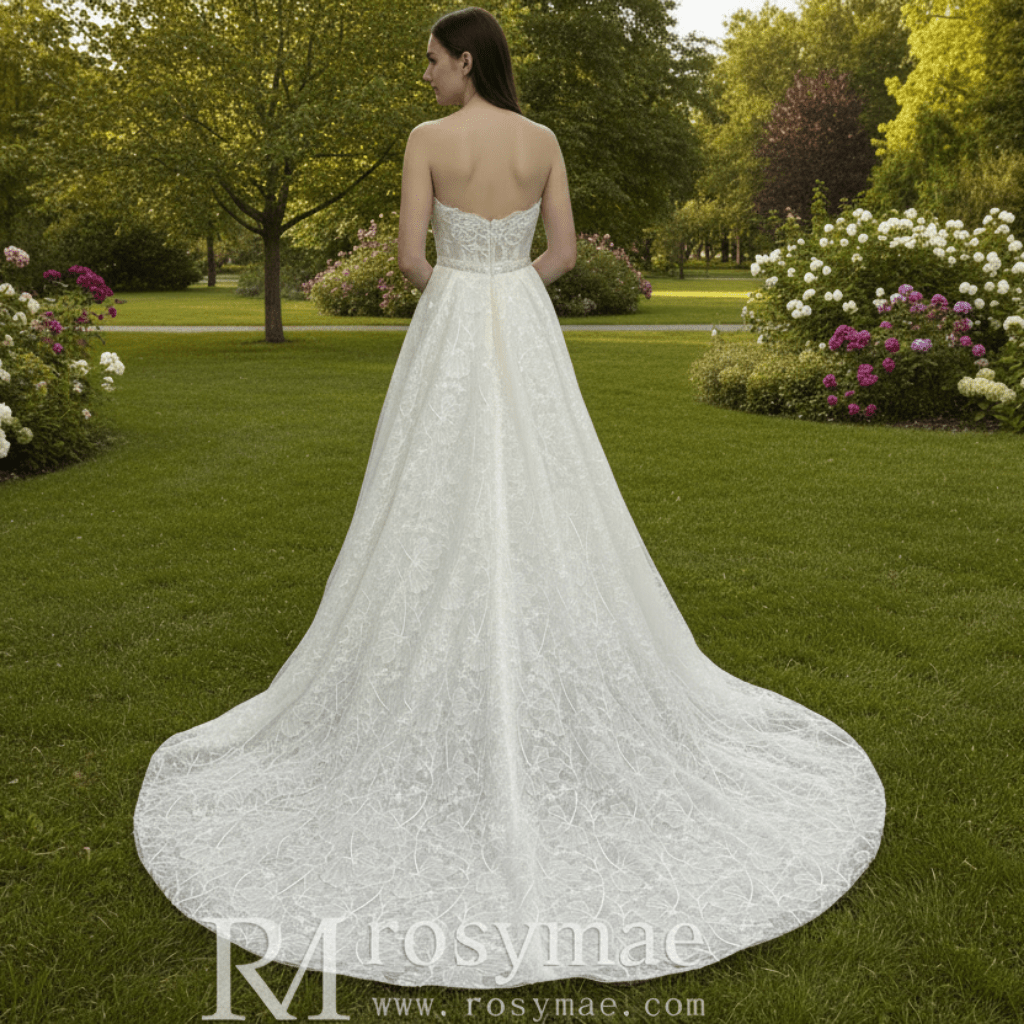 Strapless Tulle Lace Overlay A-line Wedding Dress with Sheer Bodice - Rosymae