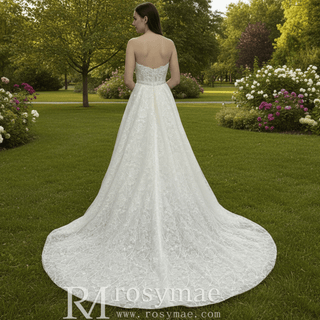 Strapless Tulle Lace Overlay A-line Wedding Dress with Sheer Bodice - Rosymae