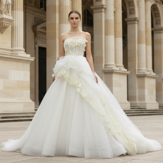 Ballgown Appliqued Strapless Tulle Wedding Dress With Flower