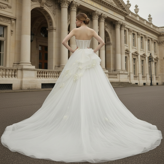 Ballgown Appliqued Strapless Tulle Wedding Dress With Flower