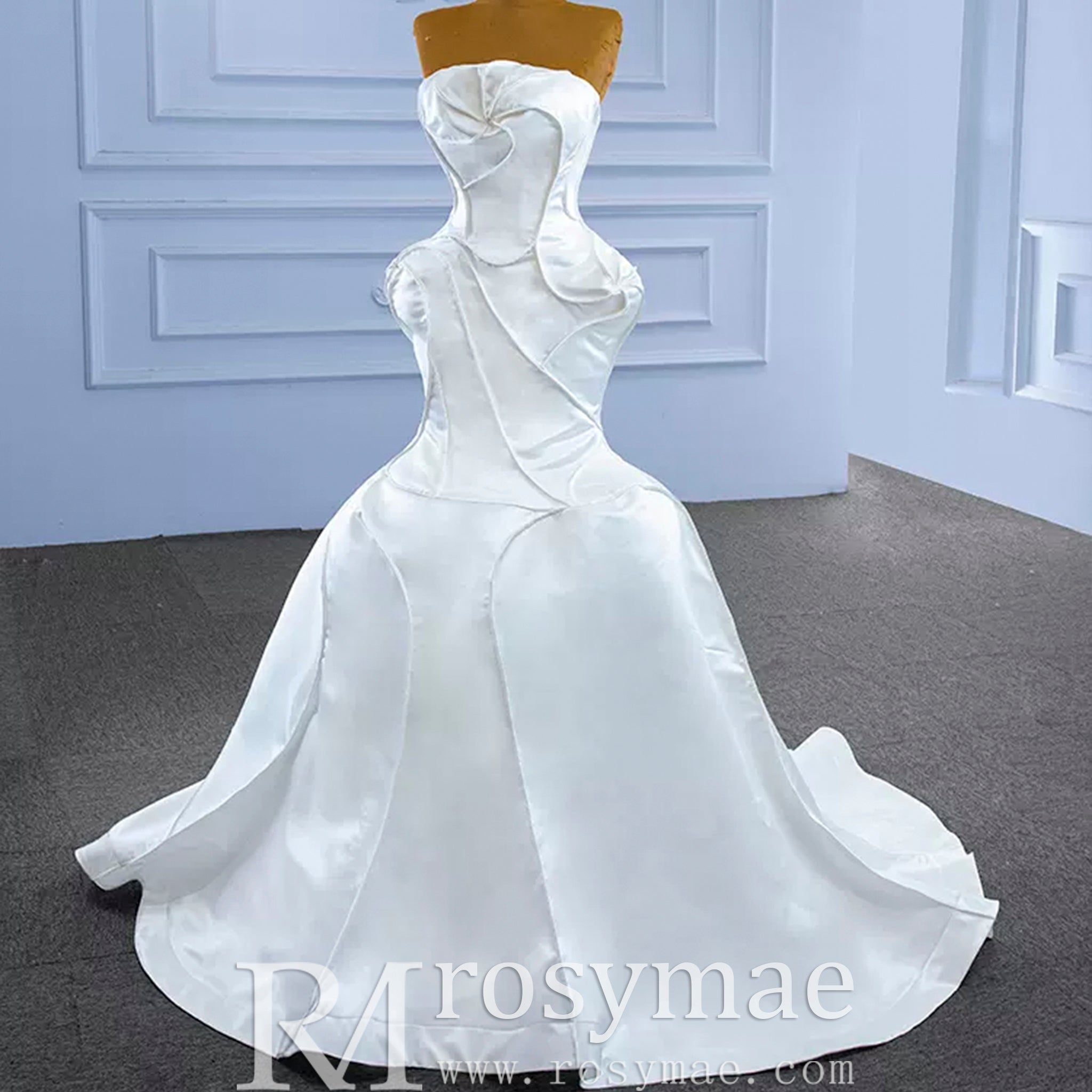 Strapless Unique Design Trumpet Satin Wedding Dress - Rosymae