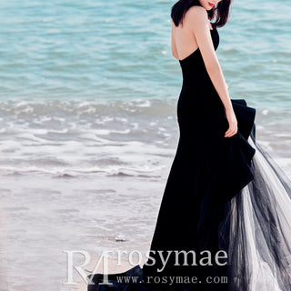 Strapless Velvet Mermaid Black Beach Wedding Dresses - Rosymae