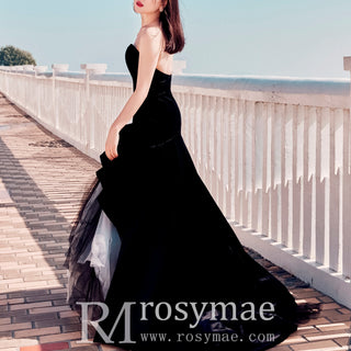 Strapless Velvet Mermaid Black Beach Wedding Dresses - Rosymae