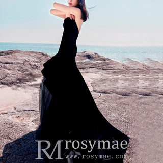 Strapless Velvet Mermaid Black Beach Wedding Dresses - Rosymae