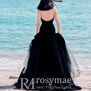 Strapless Velvet Mermaid Black Beach Wedding Dresses - Rosymae