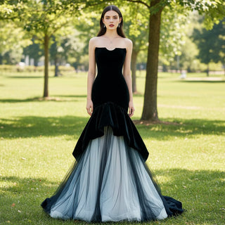 Strapless Velvet Mermaid Black Beach Wedding Dresses - Rosymae