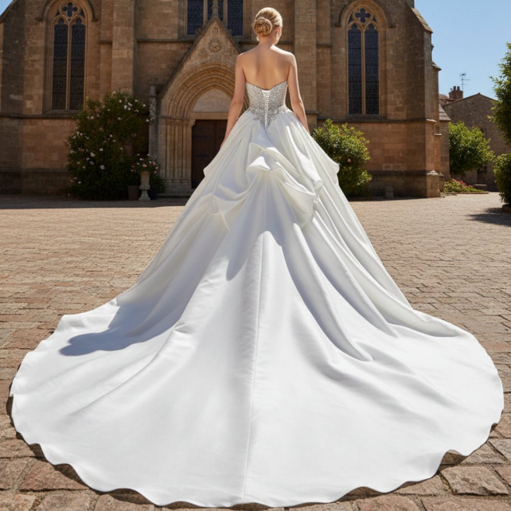 Strapless Vneck Ball Gown Ruffle Wedding Dress with Low Back Ivory / 24W