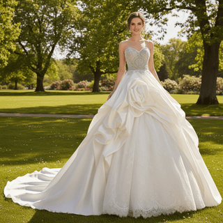 Strapless Vneck Ball Gown Ruffle Wedding Dress with Low Back - Rosymae
