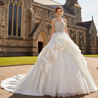 Strapless Vneck Ball Gown Ruffle Wedding Dress with Low Back - Rosymae