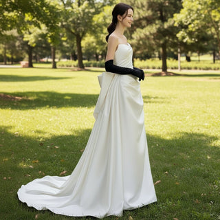 Strapless Vneck Ruched Satin Wedding Dress with Bowknot Back - Rosymae