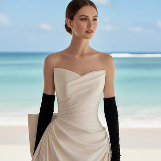 Strapless Vneck Ruched Satin Wedding Dress with Bowknot Back - Rosymae