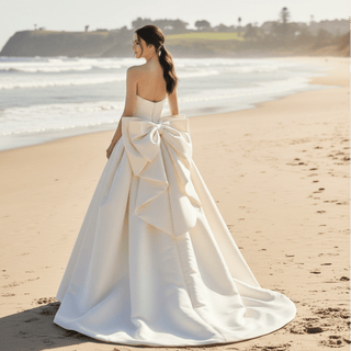 Strapless Vneck Ruched Satin Wedding Dress with Bowknot Back - Rosymae