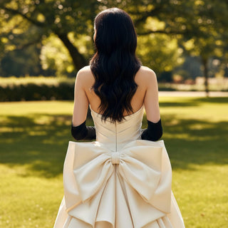 Strapless Vneck Ruched Satin Wedding Dress with Bowknot Back - Rosymae