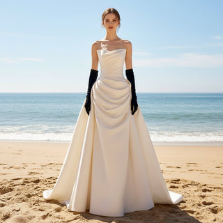 Strapless Vneck Ruched Satin Wedding Dress with Bowknot Back - Rosymae