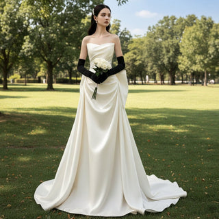 Strapless Vneck Ruched Satin Wedding Dress with Bowknot Back - Rosymae