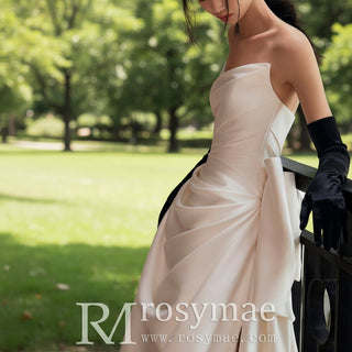 Strapless Vneck Ruched Satin Wedding Dress with Bowknot Back - Rosymae