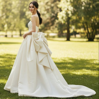 Strapless Vneck Ruched Satin Wedding Dress with Bowknot Back - Rosymae