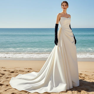 Strapless Vneck Ruched Satin Wedding Dress with Bowknot Back - Rosymae
