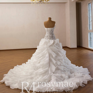 Strapless Wedding Dress Hand Beaded Corset Bodice Ruffles Skirt Heavily Embellished - Rosymae