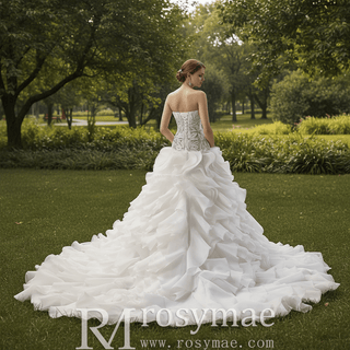 Strapless Wedding Dress Hand Beaded Corset Bodice Ruffles Skirt Heavily Embellished - Rosymae