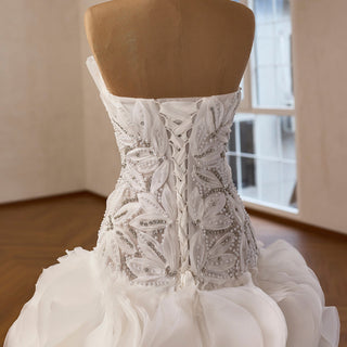 Strapless Wedding Dress Hand Beaded Corset Bodice Ruffles Skirt Heavily Embellished - Rosymae