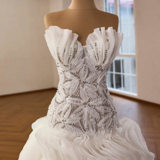 Strapless Wedding Dress Hand Beaded Corset Bodice Ruffles Skirt Heavily Embellished - Rosymae