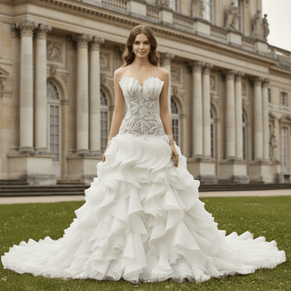 Strapless Wedding Dress Hand Beaded Corset Bodice Ruffles Skirt Heavily Embellished - Rosymae