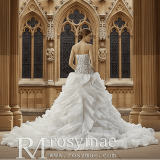 Strapless Wedding Dress Hand Beaded Corset Bodice Ruffles Skirt Heavily Embellished - Rosymae
