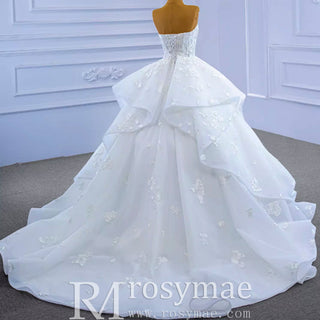 Strapless Wedding Gown Lace Appliqued Ruffle Wedding Dress - Rosymae