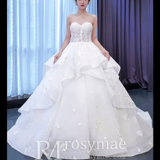 Strapless Wedding Gown Lace Appliqued Ruffle Wedding Dress - Rosymae