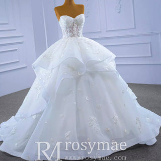 Strapless Wedding Gown Lace Appliqued Ruffle Wedding Dress - Rosymae