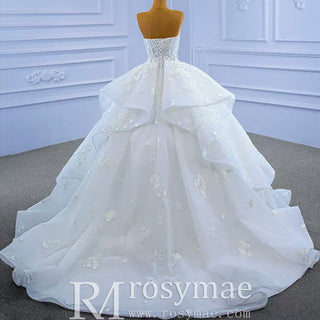 Strapless Wedding Gown Lace Appliqued Ruffle Wedding Dress - Rosymae