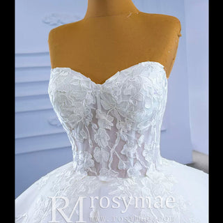 Strapless Wedding Gown Lace Appliqued Ruffle Wedding Dress - Rosymae