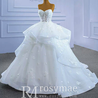 Strapless Wedding Gown Lace Appliqued Ruffle Wedding Dress - Rosymae
