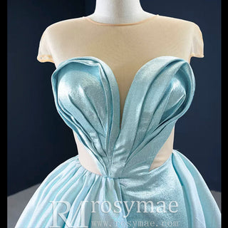 Stunning Satin See-through Prom Dress Cap Sleeve Pleats Prom Gown - Rosymae