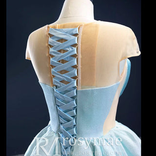 Stunning Satin See-through Prom Dress Cap Sleeve Pleats Prom Gown - Rosymae