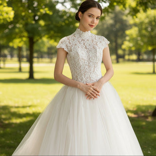 Stunning Women High Neck Ballgown Wedding Dress with Capped Sleeve - Rosymae