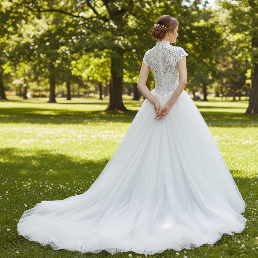 Stunning Women High Neck Ballgown Wedding Dress with Capped Sleeve - Rosymae