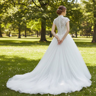 Stunning Women High Neck Ballgown Wedding Dress with Capped Sleeve - Rosymae