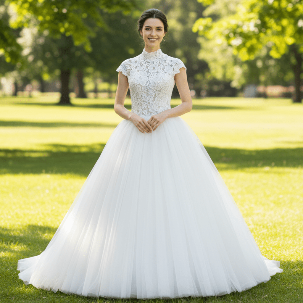 Stunning Women High Neck Ballgown Wedding Dress with Capped Sleeve - Rosymae