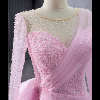 Stylish Beaded Long Sleeve Pink Pageant Gown Mermaid Wedding Dress - Rosymae