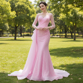 Stylish Beaded Long Sleeve Pink Pageant Gown Mermaid Wedding Dress - Rosymae