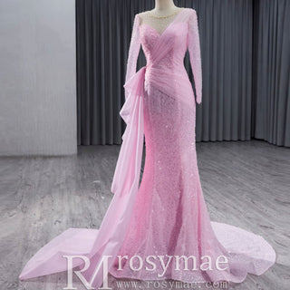 Stylish Beaded Long Sleeve Pink Pageant Gown Mermaid Wedding Dress - Rosymae