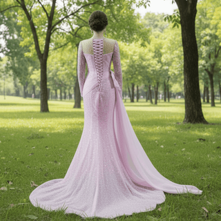 Stylish Beaded Long Sleeve Pink Pageant Gown Mermaid Wedding Dress - Rosymae