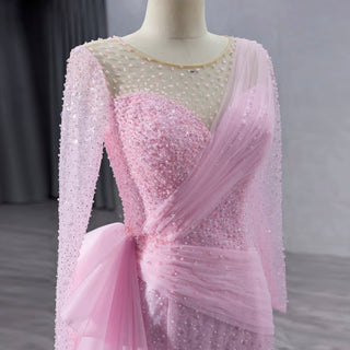 Stylish Beaded Long Sleeve Pink Pageant Gown Mermaid Wedding Dress - Rosymae